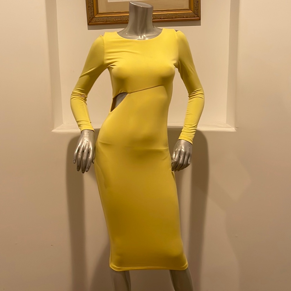 TOPSHOP Bodycon Cutout Detail Long Sleeve Midi Dress Yellow Size 4